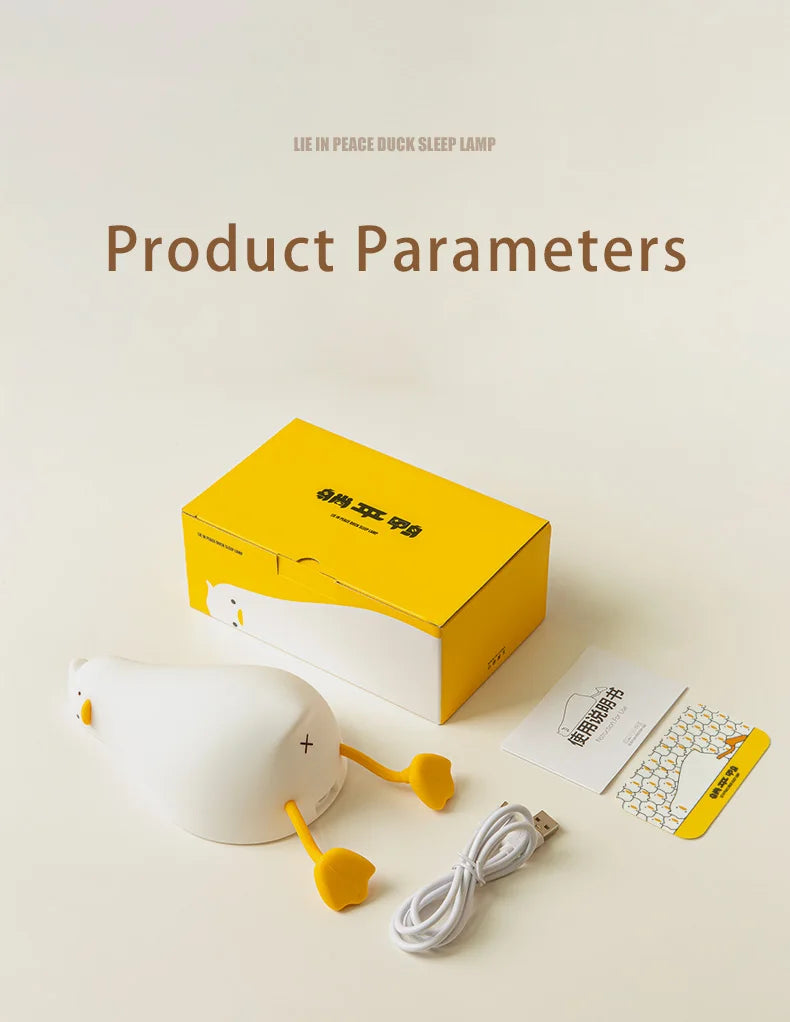 Veilleuse Canard Couché à Plat en Silicone, lampe tactile rechargeable à intensité variable.